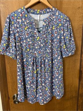 Anyally Women's XL Blue Floral Pintuck Short Sleeve Blouse NWT